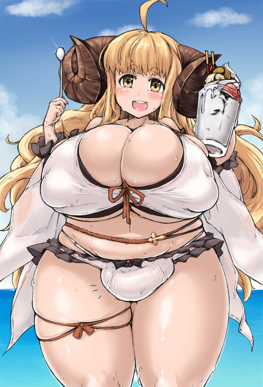 ahoge anila_(granblue) animal_humanoid big_breasts biped blonde_hair blush bodily_fluids bottomwear bovid bovid_humanoid breasts bulge caprine caprine_humanoid cleavage clothed clothing cloud crossgender curled_horns curvy_figure cutlery day dessert draph flaccid food ftg_crossgender fti_crossgender genital_outline genitals glistening glistening_body glistening_breasts glistening_clothing glistening_skin granblue_fantasy gynomorph hair hi_res holding_food holding_object horn huge_breasts humanoid humanoid_hands ice_cream intersex kanon_(148bpm) kitchen_utensils light_skin long_hair looking_at_viewer mammal mammal_humanoid microskirt miniskirt monotone_hair nipple_outline open_mouth open_smile outside penis penis_outline seaside sheep_humanoid skindentation skirt slightly_chubby smile solo spoon standing sweat thick_thighs tight_clothing tongue tools translucent translucent_clothing voluptuous water wide_hips yellow_eyes