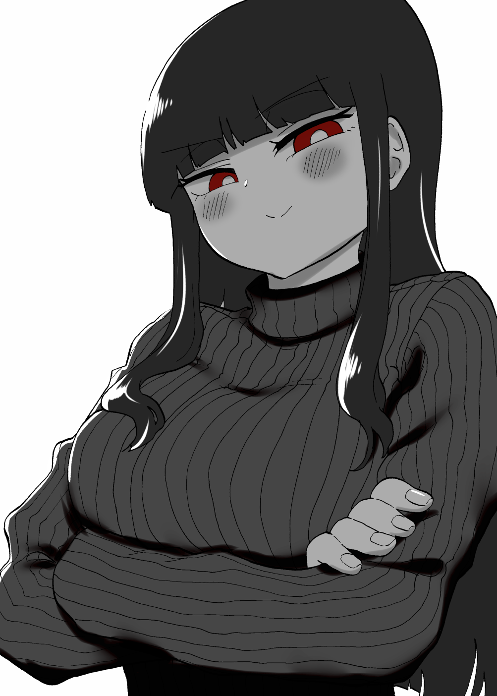 &gt;:) 1girl bangs blunt_bangs blush breasts commentary_request crossed_arms eyebrows_visible_through_hair highres large_breasts long_hair looking_at_viewer nib_pen_(medium) original red_eyes ribbed_sweater simple_background smile smug solo spot_color sweater traditional_media upper_body white_background yuzu_gin_(pika97)