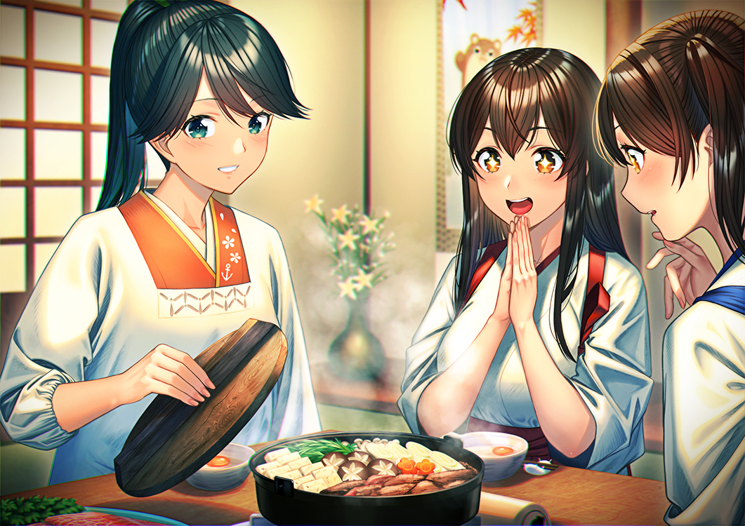 +_+ 3girls :d akagi_(kantai_collection) beef blush bokukawauso bowl brown_eyes brown_hair chopsticks commentary_request egg enemy_lifebuoy_(kantai_collection) food hair_between_eyes hakama holding houshou_(kantai_collection) indoors japanese_clothes kaga_(kantai_collection) kantai_collection long_hair multiple_girls nabe open_mouth ponytail pot side_ponytail smile steam sukiyaki table tasuki unowen vegetable