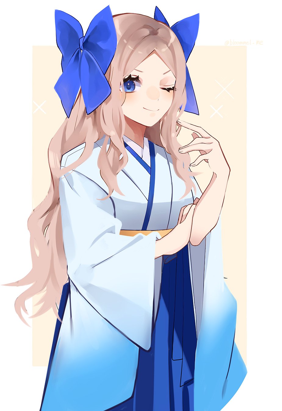 1girl asakaze_(kantai_collection) bangs beige_background blue_bow blue_hakama border bow forehead furisode hair_bow hakama highres japanese_clothes kantai_collection kimono kozu_(bloomme1_me) light_brown_hair long_hair looking_at_viewer meiji_schoolgirl_uniform one_eye_closed parted_bangs sidelocks solo two-tone_background wavy_hair white_border white_kimono