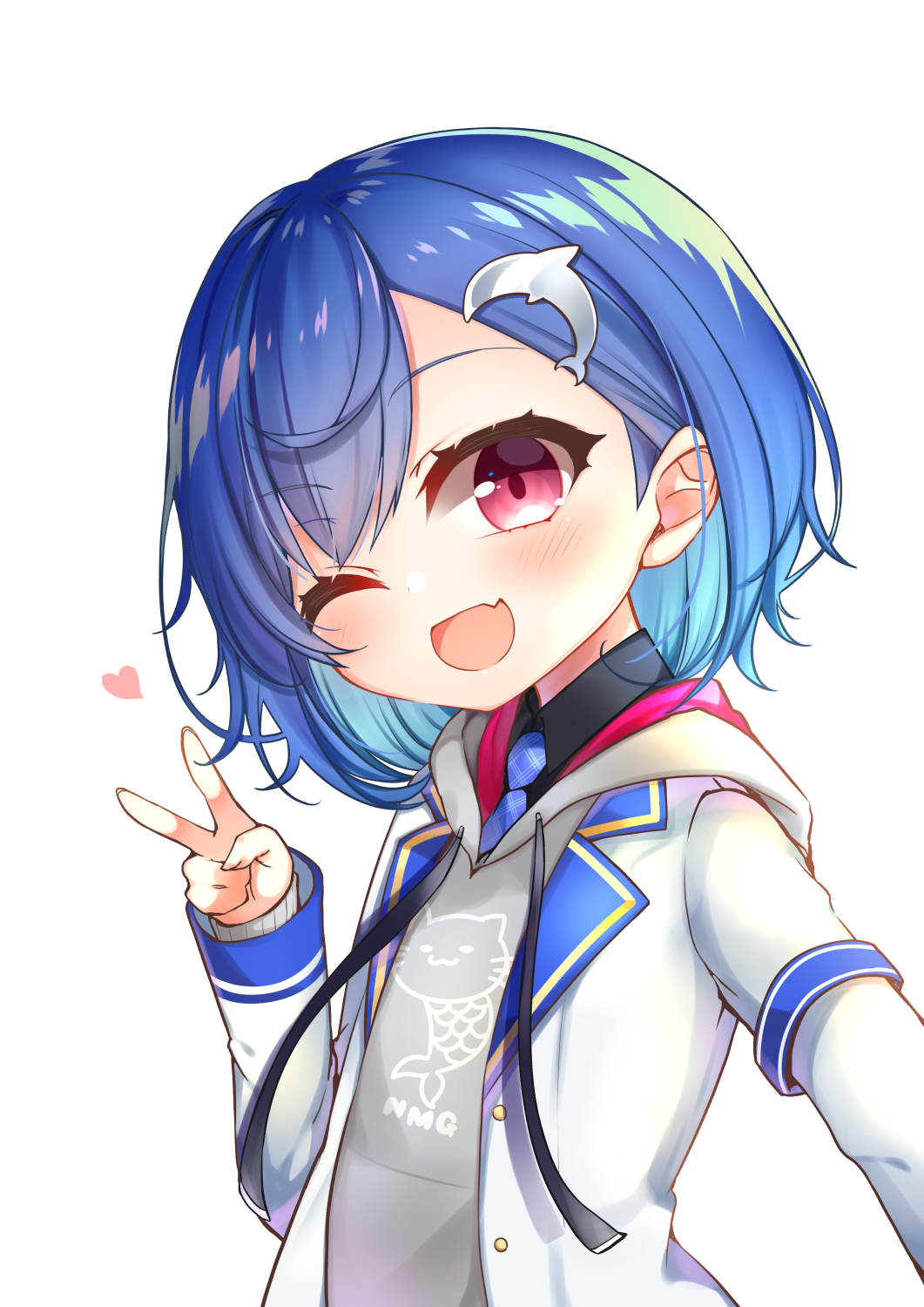 1girl ;d black_shirt blue_hair blue_neckwear blush collared_shirt commentary_request dolphin_hair_ornament fang grey_hoodie hair_ornament hand_up heart highres hood hood_down hoodie jacket long_sleeves looking_at_viewer necktie nijisanji nishizono_chigusa one_eye_closed open_clothes open_jacket open_mouth plaid_neckwear red_eyes shirt simple_background sleeves_past_wrists smile solo upper_body v virtual_youtuber white_background white_jacket yukiyuki_441