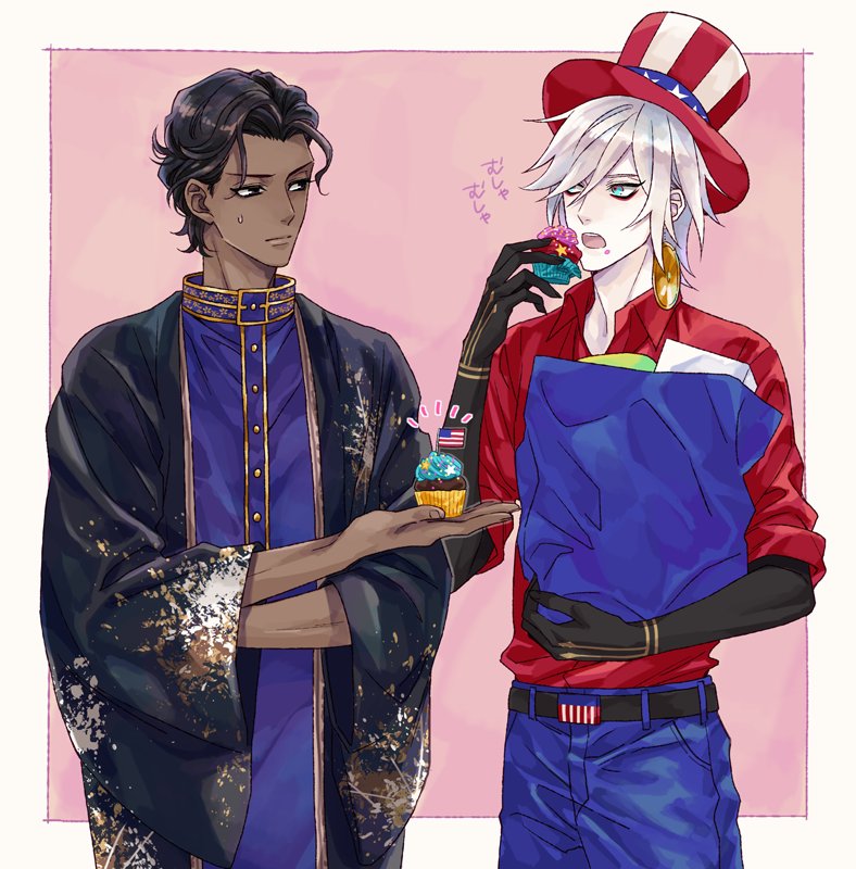 2boys american_flag american_flag_print arjuna_(fate/grand_order) bag bangs belt black_belt black_eyes black_gloves black_hair blue_eyes blue_pants border closed_mouth commentary_request cowboy_shot cupcake dark_skin dark_skinned_male dress_shirt earrings elbow_gloves fate/grand_order fate_(series) flag_print food gloves hair_between_eyes hair_strand hand_up hat heroic_spirit_traveling_outfit holding holding_bag holding_food indian_clothes izkeycc jewelry karna_(fate) looking_at_another male_focus multiple_boys open_mouth pale_skin pants pink_background purple_robe red_shirt shirt short_hair sleeves_rolled_up standing sweatdrop top_hat white_border white_hair wide_sleeves