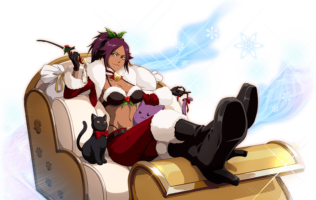 1girl bell bell_collar belt belt_buckle bleach bleach:_brave_souls bodskih boots breasts buckle cat cleavage collar dark_skin english_commentary gloves high_heel_boots high_heels jacket large_breasts long_sleeves looking_at_viewer midriff navel official_art pants ponytail purple_hair shihouin_yoruichi sitting solo stuffed_animal stuffed_toy transparent_background yellow_eyes