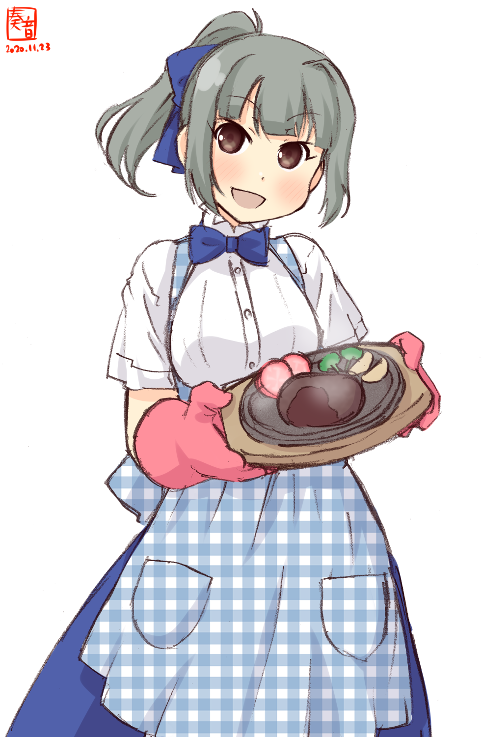 1girl alternate_costume apron artist_logo bangs blue_apron blue_neckwear blue_skirt blunt_bangs bow bowtie brown_eyes commentary_request cowboy_shot dated employee_uniform food gingham gingham_apron grey_hair highres hotplate kanon_(kurogane_knights) kantai_collection kobeya kobeya_uniform looking_at_viewer open_mouth oven_mitts pantyhose plaid plaid_apron pleated_shirt ponytail shirt short_sleeves simple_background skirt smile solo steak uniform waitress white_background white_shirt yuubari_(kantai_collection)