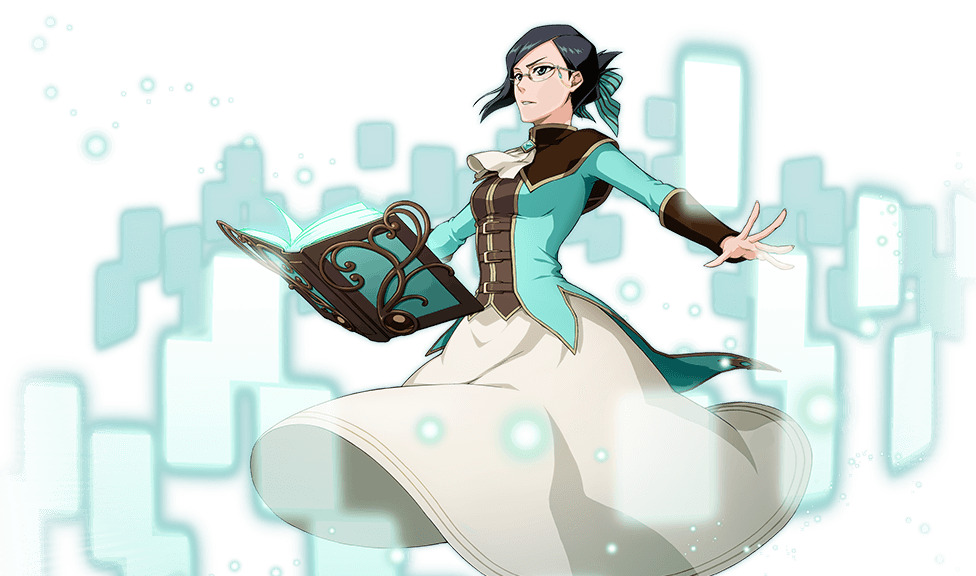 1girl black_hair bleach bleach:_brave_souls bodskih book breasts english_commentary feet_out_of_frame floating floating_book floating_object glasses ise_nanao long_skirt long_sleeves medium_breasts official_art parted_lips skirt solo teeth transparent_background