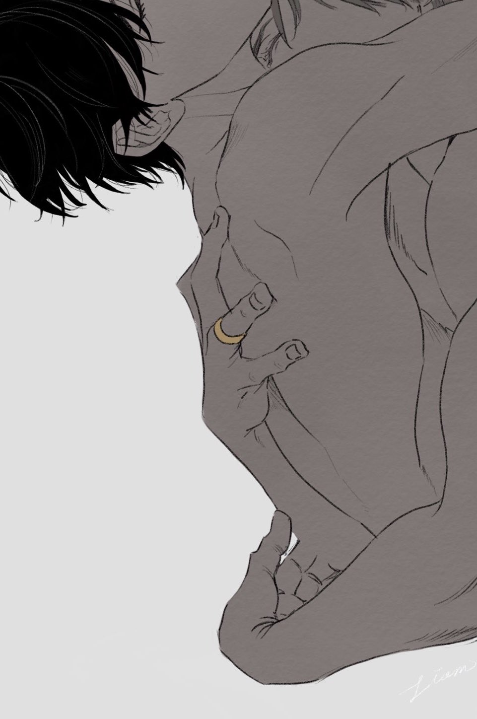2boys arm_around_waist arms_around_neck artist_name back black_hair colored_eyelashes commentary_request covered_mouth expressionless eyelashes fingernails grey_hair hand_on_another's_back head_back head_out_of_frame highres hug husband_and_husband jewelry jitome katsuki_yuuri liam male_focus multiple_boys muscle muted_color ring shirtless shoulder_blades upper_body viktor_nikiforov wedding_ring yaoi yuri!!!_on_ice