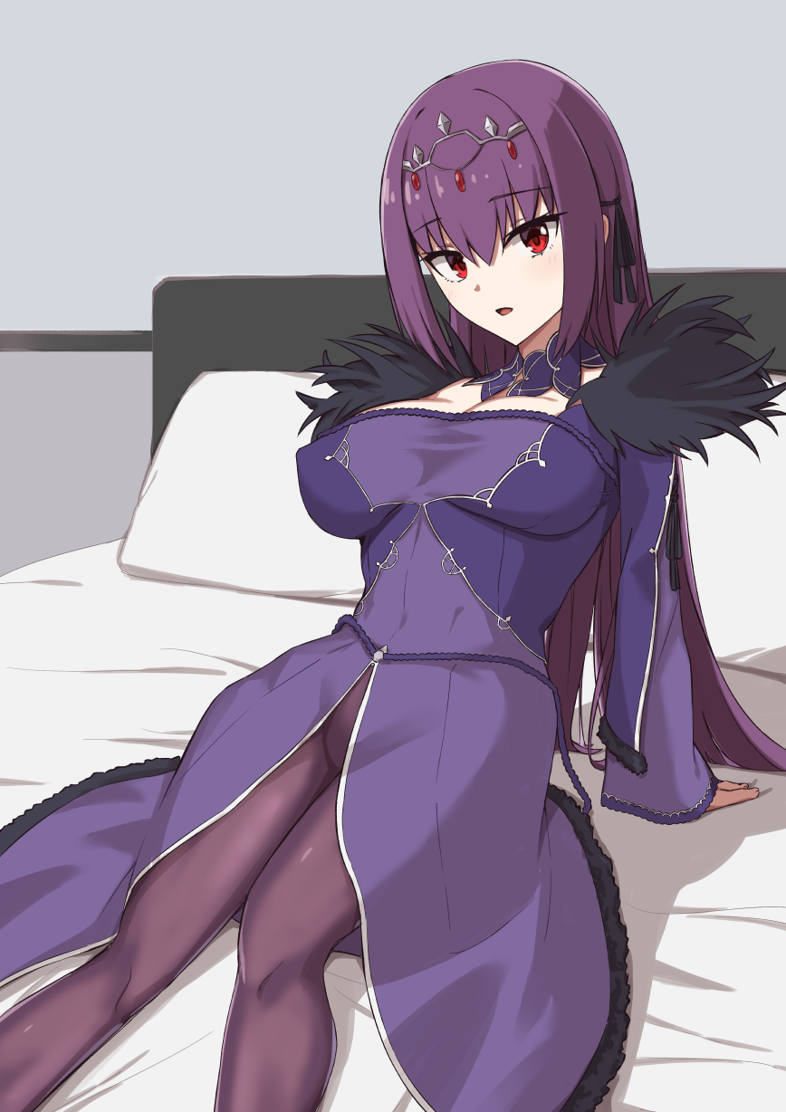 1girl bangs blush breasts cleavage detached_collar dress elfenlied22 fate/grand_order fate_(series) fur-trimmed_dress fur_trim hair_between_eyes highres large_breasts leaning_back long_hair long_sleeves looking_at_viewer on_bed open_mouth pantyhose pillow purple_dress purple_hair purple_legwear red_eyes scathach_(fate)_(all) scathach_skadi_(fate/grand_order) sitting thighs tiara