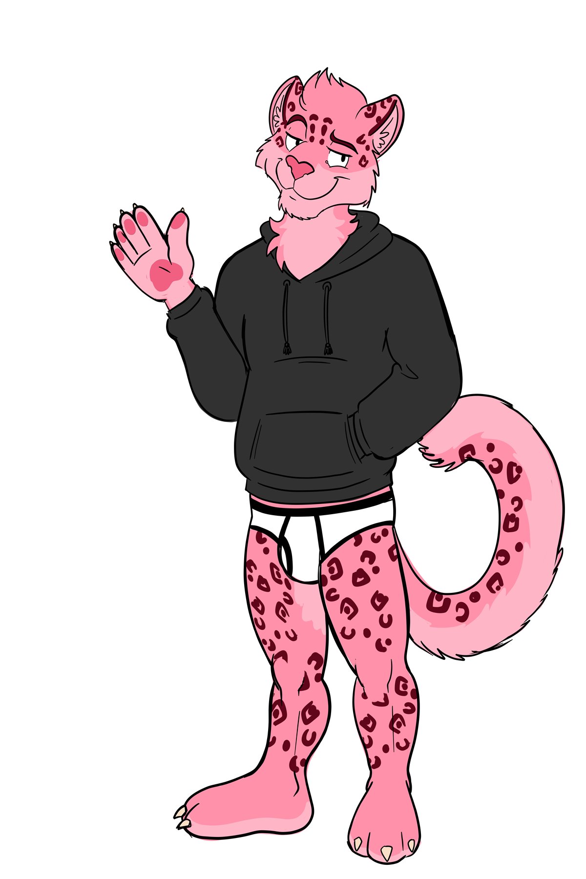 2:3 anthro black_clothing black_hoodie black_topwear briefs bulge clothing drawyourfursona felid fur hi_res hoodie hoodie/briefs_meme hugo_(hugothepinkcat) hugothepinkcat leopard male mammal meme meme_clothing pantherine pink_body pink_fur simple_background solo standing topwear underwear white_clothing white_underwear