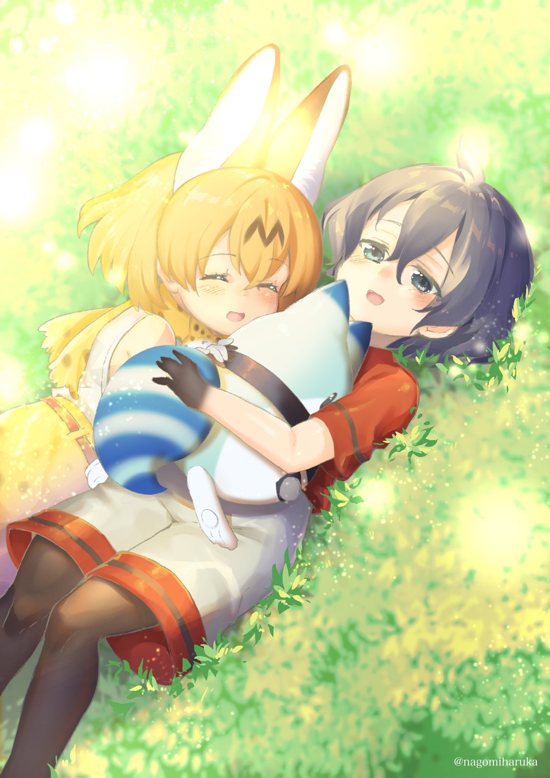 2girls animal_ears bare_shoulders black_hair black_legwear blonde_hair blue_eyes bow bowtie commentary_request elbow_gloves extra_ears eyebrows_visible_through_hair gloves grass high-waist_skirt highres kaban_(kemono_friends) kemono_friends lucky_beast_(kemono_friends) lying multiple_girls nagomi_haruka no_hat no_headwear on_back on_grass pantyhose print_neckwear print_skirt red_shirt serval_(kemono_friends) serval_ears serval_print shirt short_hair short_sleeves shorts skirt sleeveless t-shirt white_shirt