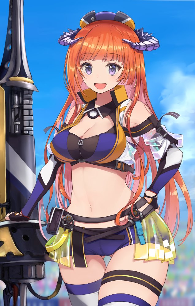 1girl :d arknights ass_visible_through_thighs bad_hands bagpipe_(arknights) bagpipe_(whistlewind)_(arknights) bangs bare_shoulders black_gloves blue_shorts blue_sky breasts cleavage clothing_cutout cloud commentary cowboy_shot crop_top day eyebrows_visible_through_hair fingerless_gloves gloves hand_on_hip hat horns lance long_hair looking_at_viewer medium_breasts micro_shorts midriff navel official_alternate_costume open_mouth orange_hair outdoors planted_weapon polearm pouch purple_eyes shorts shoulder_cutout sky smile solo standing stomach thigh_strap thighhighs thighs very_long_hair weapon yuzuruka_(bougainvillea)