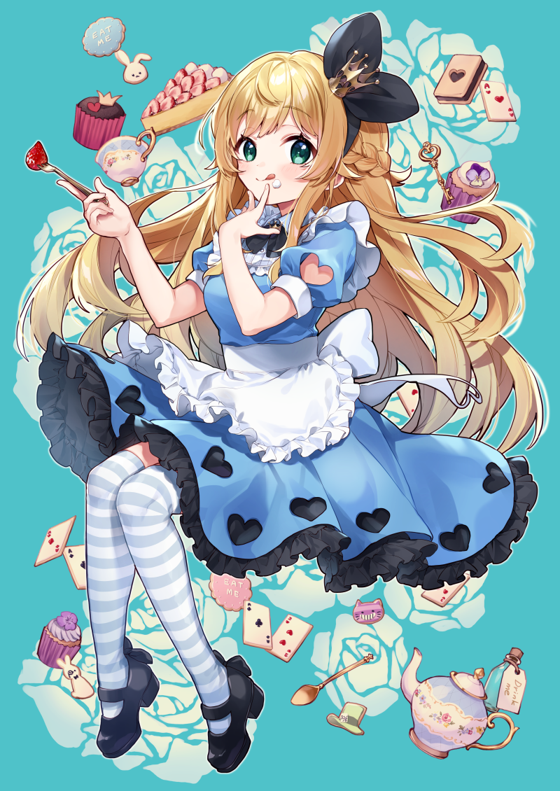 1girl :q ace_of_clubs ace_of_hearts alice_(wonderland) alice_in_wonderland apron bangs black_footwear black_ribbon blonde_hair blue_background blue_dress braid breasts card closed_mouth clothing_cutout club crown cup cupcake dress drink_me eyebrows_visible_through_hair floral_background food food_on_face fork frilled_apron frills fruit full_body green_eyes hair_ribbon hands_up heart heart_cutout high_heels holding holding_fork key long_hair medium_breasts mini_crown playing_card puffy_short_sleeves puffy_sleeves ribbon shoes short_sleeves smile solo spoon strawberry striped striped_legwear teapot thighhighs tilted_headwear tongue tongue_out very_long_hair weapon white_apron yamabukiiro