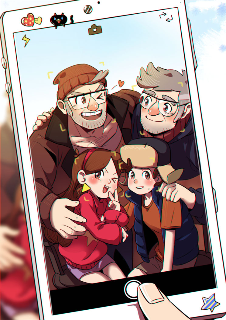 1girl 3boys ;d brown_eyes brown_hair cellphone dipper_pines facial_hair glasses gravity_falls grey_hair hairband hand_on_another's_shoulder hat heart jacket mabel_pines multiple_boys old_man one_eye_closed open_mouth phone skirt smartphone smile stanford_pines stanley_pines stubble sweater turtleneck turtleneck_sweater vest yway1101