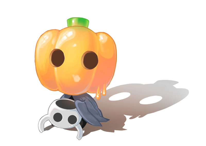 cape evi_(artist) gel halloween hollow_eyes hollow_knight knight_(hollow_knight) looking_at_viewer mask no_humans pumpkin shadow simple_background standing trick_or_treat white_background