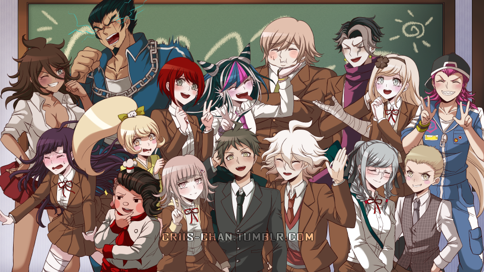 6+boys 6+girls ahoge bandaged_leg bandages bangs black_hair black_jacket black_neckwear blonde_hair blue_eyes blue_hair blush braid breasts brown_hair brown_jacket brown_skirt cat_hair_ornament chain chalkboard cleavage closed_eyes collarbone collared_shirt commentary criis-chan danganronpa danganronpa_3 dark_skin dark_skinned_female double_w dress_shirt everyone facial_hair fat fat_man flower freckles glasses goatee hair_between_eyes hair_flower hair_ornament hairclip hanamura_teruteru hat hinata_hajime jacket japanese_clothes kimono koizumi_mahiru komaeda_nagito kuzuryuu_fuyuhiko large_breasts long_hair looking_at_viewer medium_breasts medium_hair mini_hat mioda_ibuki multicolored_hair multiple_boys multiple_girls muscle nanami_chiaki neck_ribbon necktie nidai_nekomaru one_eye_closed open_mouth owari_akane pekoyama_peko pink_hair pink_scarf pleated_skirt ponytail purple_hair red_hair red_ribbon red_skirt ribbon saionji_hiyoko scarf shirt short_hair skirt smile sonia_nevermind souda_kazuichi sweat tanaka_gandamu togami_byakuya tongue tongue_out trembling tsumiki_mikan twin_braids upper_teeth very_short_hair vest w white_shirt