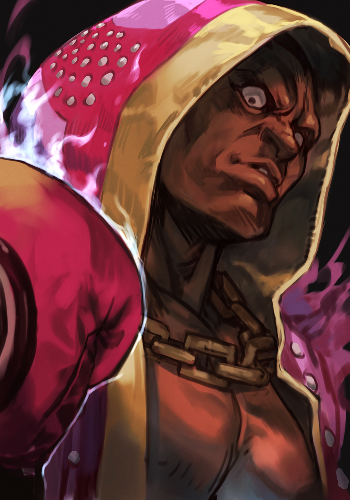 1boy abs aura black_eyes black_hair boxing_gloves chain collarbone dark_skin hand_up hood hood_up hungry_clicker jewelry looking_at_viewer m_bison manly muscle shirtless simple_background solo street_fighter street_fighter_zero_(series)