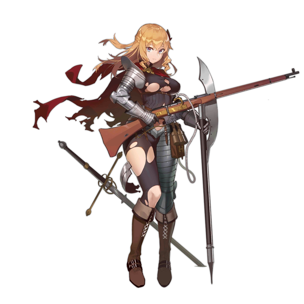1girl alternate_costume armor bangs blue_eyes bolt_action boots breasts brown_footwear cape character_name closed_mouth damaged fangdan_runiu gauntlets girls_frontline gun holding holding_gun holding_weapon large_breasts long_hair medieval mosin-nagant mosin-nagant_(girls_frontline) official_art plate_armor red_cape rifle sidelocks solo standing sword torn_cape torn_clothes torn_legwear transparent_background weapon