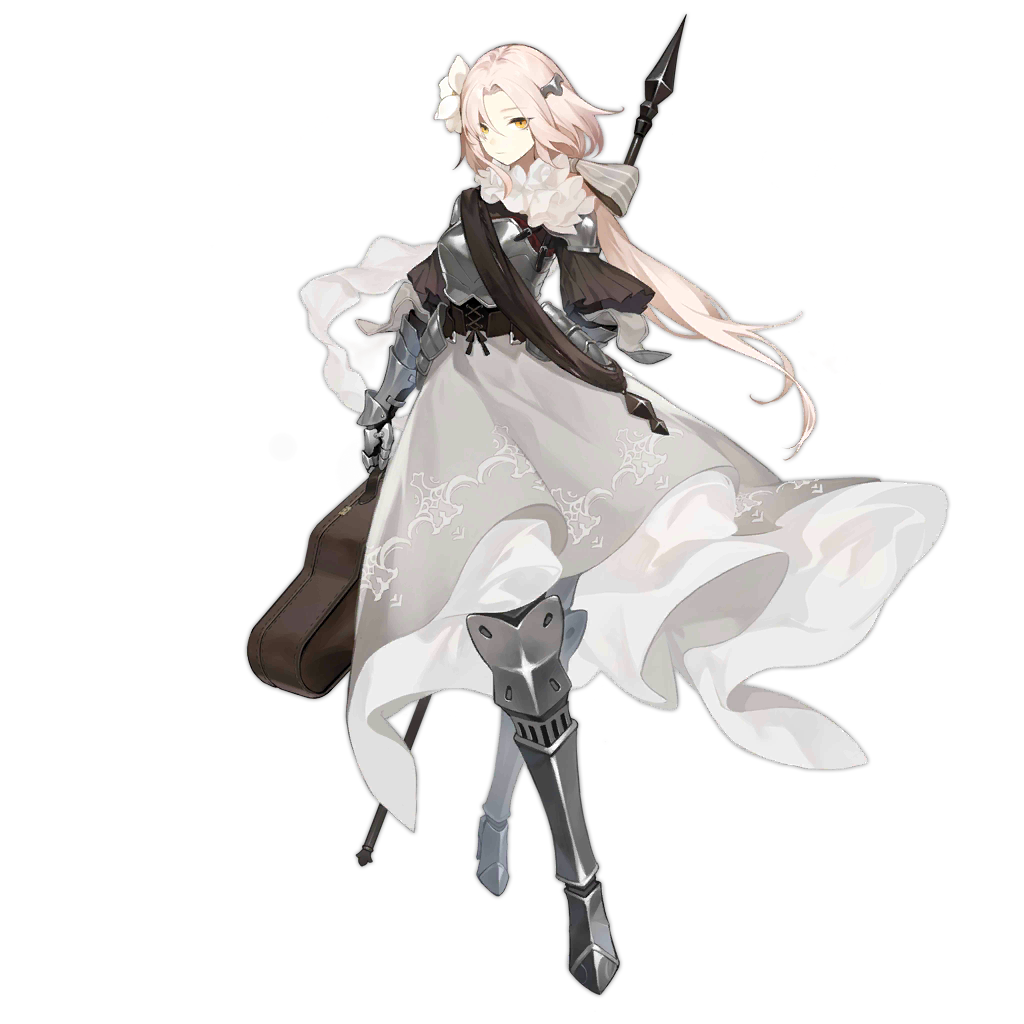 1girl alternate_costume armor armored_boots aug_(girls_frontline) boots breastplate character_name closed_mouth crossed_legs flower full_body gauntlets girls_frontline hair_between_eyes hair_flower hair_ornament hair_ribbon holding knight long_hair medieval mole mole_under_eye official_art pink_hair plate_armor ribbon shoulder_armor smile_(mm-l) solo transparent_background watson_cross white_flower yellow_eyes