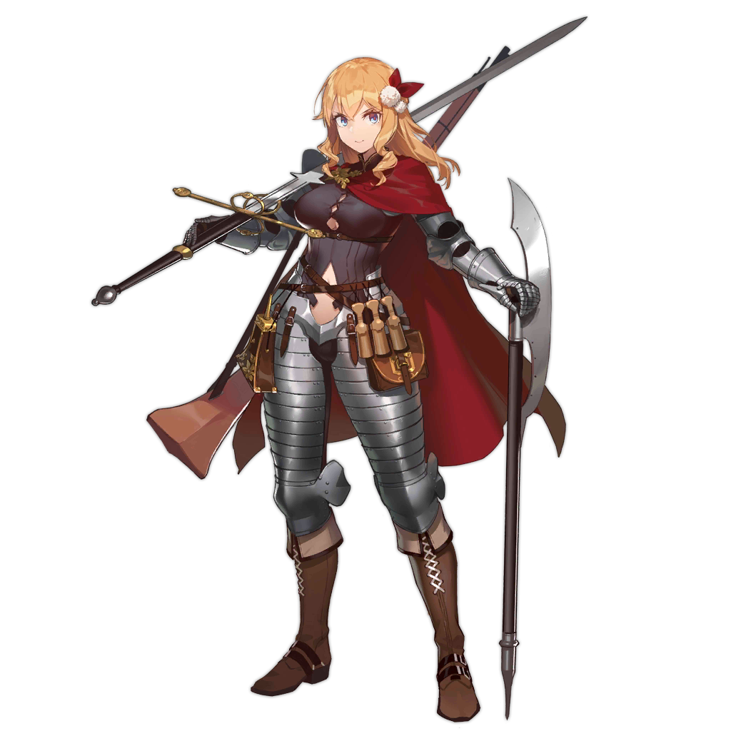 1girl alternate_costume armor bangs blonde_hair blue_eyes bolt_action boots breasts brown_footwear cape clothing_cutout fangdan_runiu full_body gauntlets girls_frontline gun hair_ornament knight large_breasts long_hair medieval mosin-nagant mosin-nagant_(girls_frontline) multiple_weapons navel navel_cutout official_art over_shoulder plate_armor pouch red_cape rifle sidelocks smile solo standing sword transparent_background weapon weapon_over_shoulder