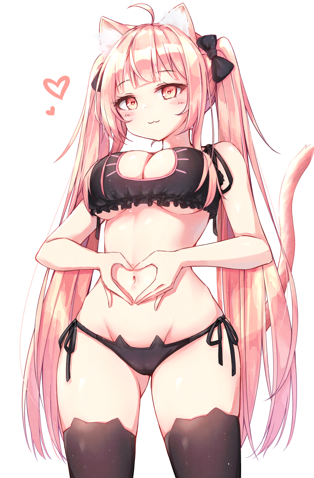 1girl :3 ahoge animal_band_legwear animal_ears ass_visible_through_thighs bangs beliatan black_bra black_legwear black_panties blush bra breasts cat_band_legwear cat_cutout cat_ear_panties cat_ears cat_lingerie cat_tail cleavage cleavage_cutout closed_mouth clothing_cutout cowboy_shot frilled_bra frills hair_ornament heart heart_hands highres large_breasts long_hair looking_at_viewer meme_attire navel original panties side-tie_panties smile solo stomach tail thighhighs thighs twintails underwear