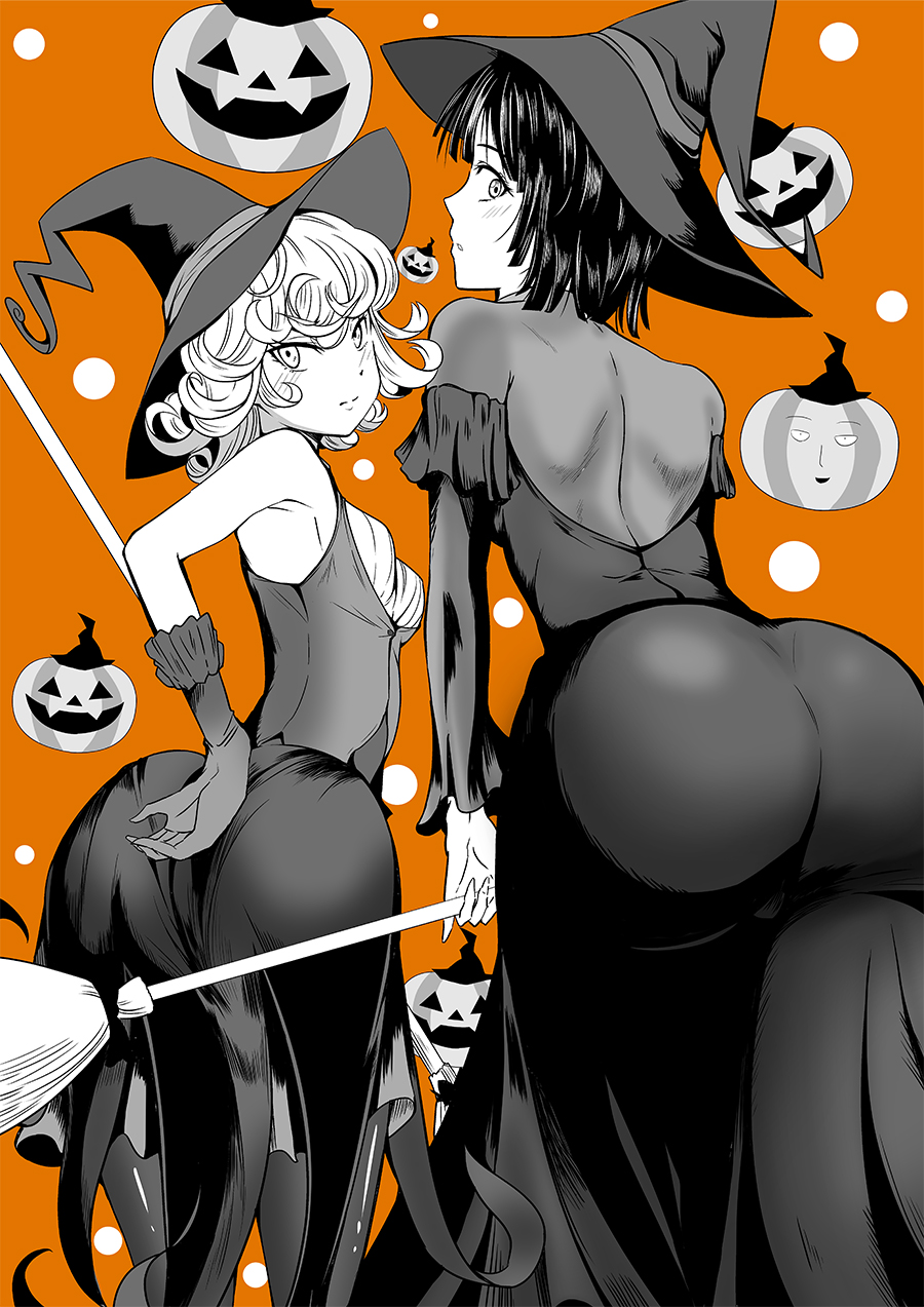 2girls alternate_costume ass bare_shoulders black_dress breasts commentary_request curly_hair dress fubuki_(one-punch_man) gloves halloween halloween_costume happy_halloween highres jack-o'-lantern kawa looking_at_viewer multiple_girls one-punch_man short_hair small_breasts tatsumaki witch