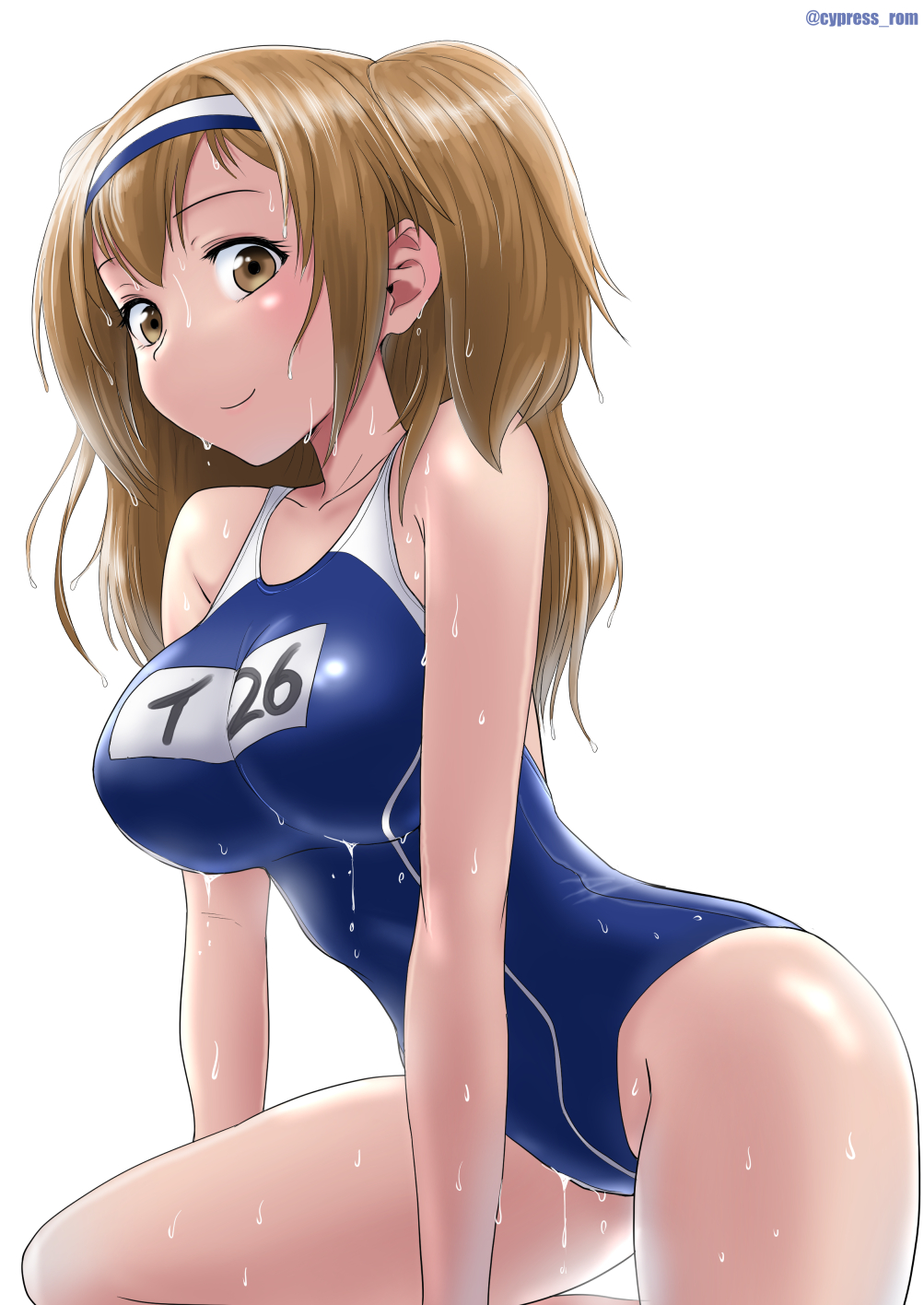 1girl breasts brown_eyes clothes_writing cypress eyebrows_visible_through_hair hair_ribbon hairband highres i-26_(kantai_collection) kantai_collection large_breasts light_brown_eyes light_brown_hair long_hair looking_at_viewer name_tag new_school_swimsuit one-piece_swimsuit ribbon school_swimsuit solo swimsuit two-tone_hairband two_side_up wet wet_clothes wet_swimsuit