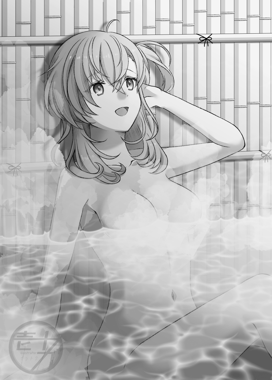 1girl bathing breasts collarbone convenient_censoring greyscale highres ittokyu kantai_collection long_hair monochrome navel nude one_side_up onsen open_mouth smile suzutsuki_(kantai_collection) water watermark