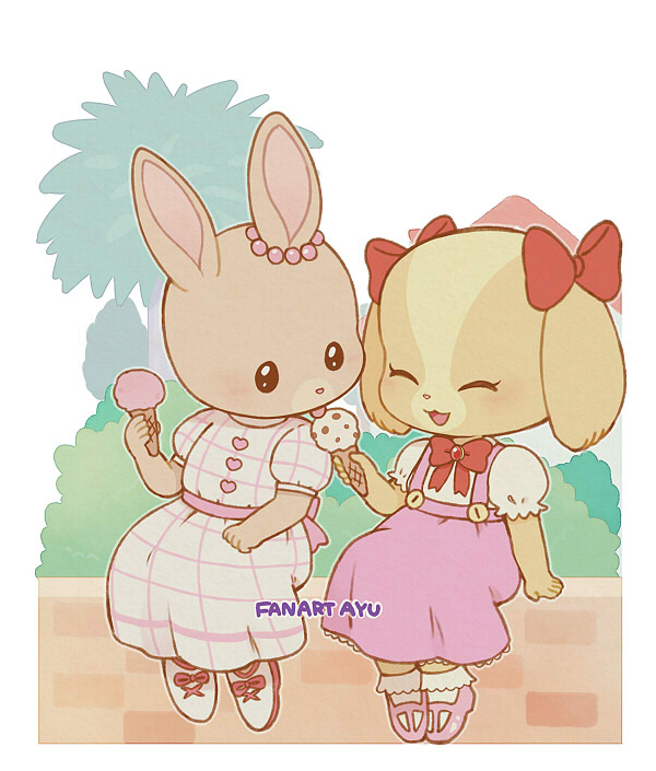 ayu_(pixiv) bow_knot canid canine canis clothing dessert domestic_dog dress duo female food ice_cream jewelry lagomorph leporid lory_(maple_town) mammal maple_town necklace palm_town patty_(maple_town) rabbit rolly_(maple_town) solo tongue