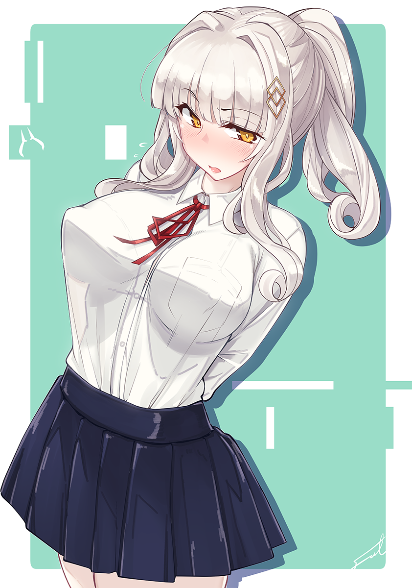 1girl arms_behind_back bangs blush breasts carmilla_(fate/grand_order) covered_nipples eyebrows_visible_through_hair fate/grand_order fate_(series) fue_(rhomphair) hair_ornament high_ponytail highres large_breasts long_hair looking_at_viewer open_mouth pleated_skirt school_uniform see-through_silhouette skirt solo tented_shirt white_hair yellow_eyes