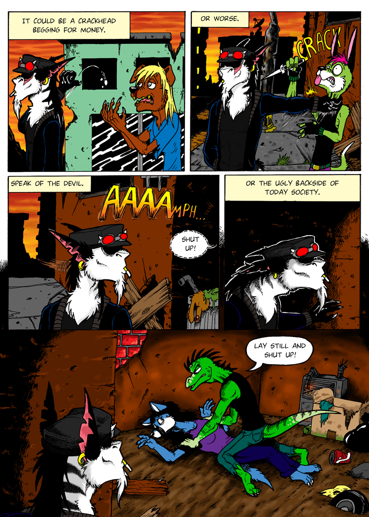 aardwolf alley ambiguous_gender anthro assault black_clothing black_horn black_jacket black_nose black_stripes black_tank_top black_topwear blonde_hair blue_body blue_fur boarded_window bottomwear box brick_wall brown_body brown_fur building canid canine canis cigarette cigarette_in_mouth clothing clusterskulls comic comic_page denim denim_clothing dialogue domestic_dog ear_piercing ear_ring english_text eyes_hidden female fox fur green_body green_fur group hair horn hyaenid imminent_rape jacket jeans knife lagomorph leporid lizard long_hair magra_(clusterskulls) male male/female mammal mullet neck_grab pants piercing pink_inner_ear pinned pipe purple_clothing purple_shirt purple_topwear rabbit red_hair reptile scalie shirt stripes text topwear trash_bag wheel white_body white_fur wooden_board