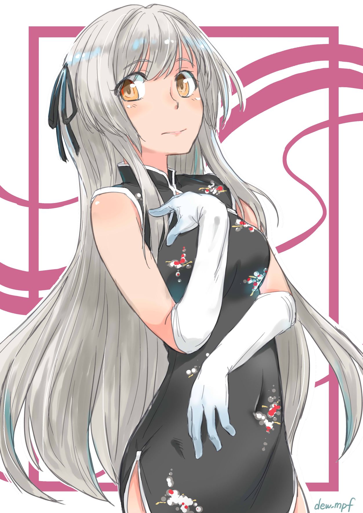 1girl alternate_costume black_dress black_ribbon brown_eyes china_dress chinese_clothes commentary_request cowboy_shot dress elbow_gloves floral_print gloves hair_ribbon highres kantai_collection kote_(dew) long_hair looking_at_viewer ribbon shoukaku_(kantai_collection) silver_hair solo white_gloves