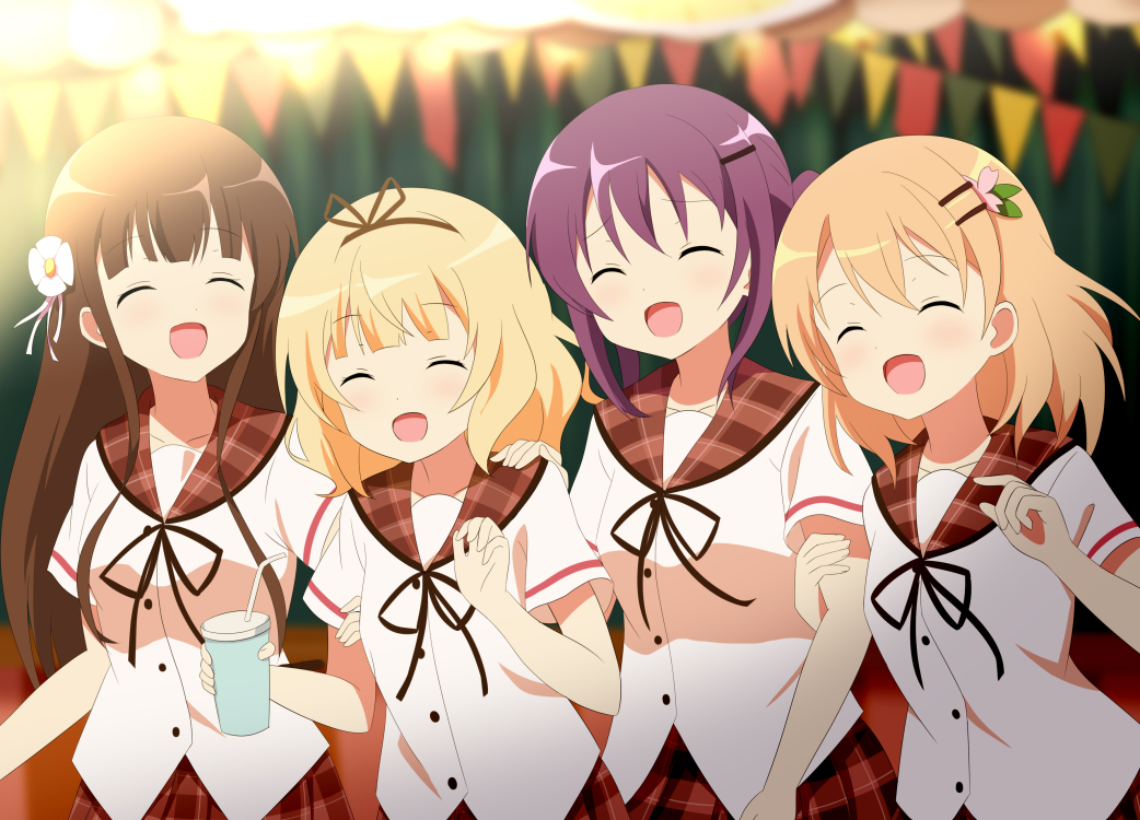 4girls :d ^_^ bangs bendy_straw black_ribbon blonde_hair blurry blurry_background blush breasts brown_hair brown_sailor_collar closed_eyes commentary_request cup depth_of_field derivative_work disposable_cup drinking_straw eyebrows_visible_through_hair flower gochuumon_wa_usagi_desu_ka? hair_between_eyes hair_flower hair_ornament hairclip holding holding_cup hoto_cocoa hoto_cocoa's_school_uniform kirima_sharo long_hair matching_outfit multiple_girls neck_ribbon open_mouth plaid plaid_sailor_collar plaid_skirt purple_hair red_skirt ribbon sailor_collar school_uniform shirt short_sleeves skirt small_breasts smile tedeza_rize twintails ujimatsu_chiya very_long_hair white_flower white_shirt yutsuki_warabi