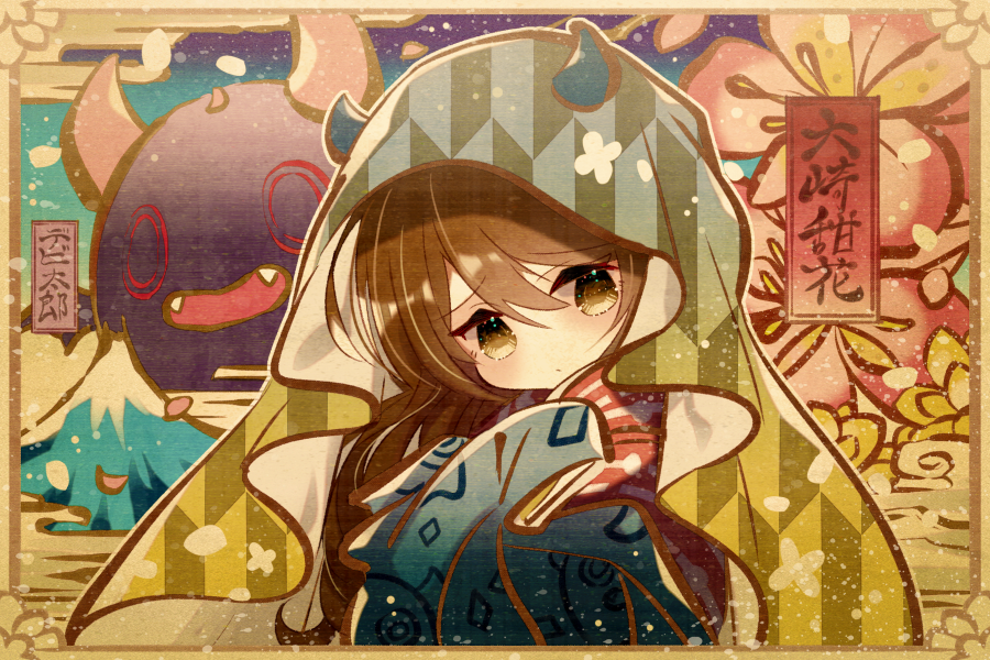 1girl bangs brown_hair chibi commentary eyebrows_visible_through_hair hood hood_up idolmaster idolmaster_shiny_colors japanese_clothes kimono layered_clothing layered_kimono long_hair looking_at_viewer mountain nihakusanren no_nose oosaki_tenka pout solo striped striped_kimono tagme translation_request upper_body windowboxed yellow_eyes