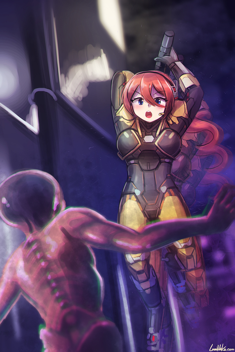 1girl alien azur_lane blue_eyes blush bodysuit breasts english_commentary hair_between_eyes jumping large_breasts long_hair lumineko pink_hair ranger_(azur_lane) signature watermark weapon web_address xcom_2