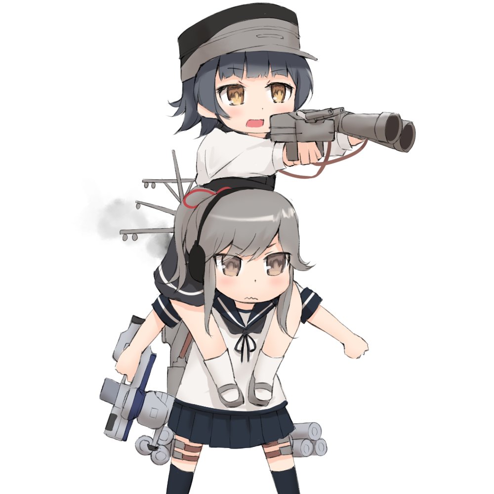 2girls adapted_turret arare_(kantai_collection) binoculars black_dress black_hair black_legwear black_skirt blue_sailor_collar brown_eyes cannon carrying collared_shirt commentary_request dress feet_out_of_frame grey_hair headphones jewelry k_jie kantai_collection kill_me_baby kneehighs long_hair long_sleeves machinery multiple_girls parody pinafore_dress pleated_skirt ponytail remodel_(kantai_collection) rigging sailor_collar school_uniform serafuku shirt short_hair short_sleeves shoulder_carry simple_background skirt third-party_source turret usugumo_(kantai_collection) visor_cap white_background white_shirt