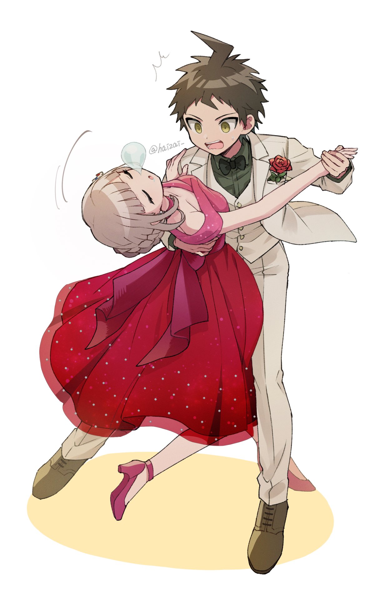 1boy 1girl ahoge alternate_costume arm_around_back artist_name bangs black_bow bow bowtie braid breasts brown_footwear brown_hair closed_eyes collared_shirt commentary_request dancing danganronpa dress flower formal full_body hand_on_another's_shoulder high_heels highres hinata_hajime holding_hand leaning_forward light_brown_hair long_dress long_sleeves looking_at_another medium_breasts nanami_chiaki open_mouth pants pink_footwear red_dress red_flower red_rose rose shirt short_hair simple_background sleeping smile suit super_danganronpa_2 takagiri white_pants white_suit
