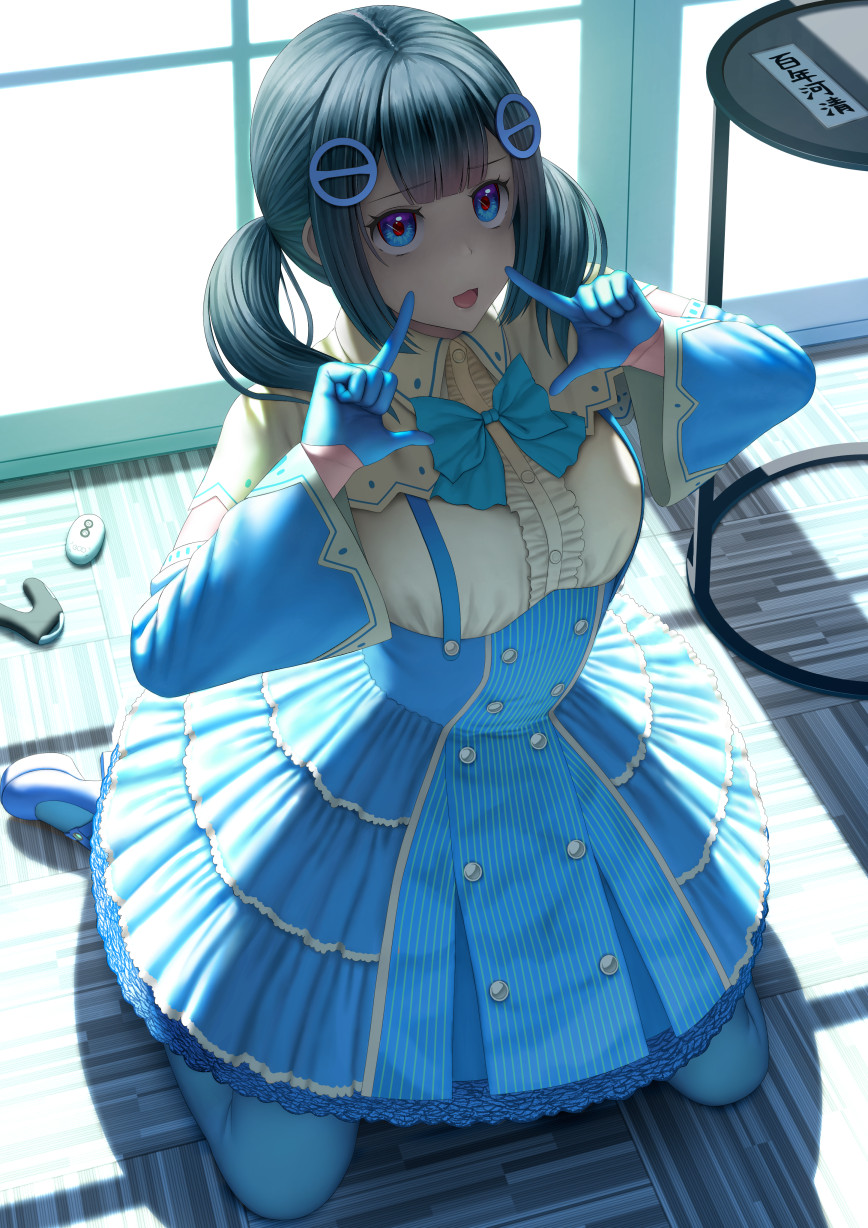 1girl asamurasaki black_hair blue_bow blue_dress blue_eyes blue_gloves blue_legwear blue_skirt bow center_frills collared_shirt cosplay dress frilled_skirt frills gloves hair_ornament hair_over_shoulder high-waist_skirt highres index_finger_raised indoors kneeling lolita_fashion long_hair long_sleeves looking_up low_twintails on_floor open_mouth original pointing pointing_at_self pose shirt skirt solo suspender_skirt suspenders twintails white_shirt wide_sleeves wooden_floor