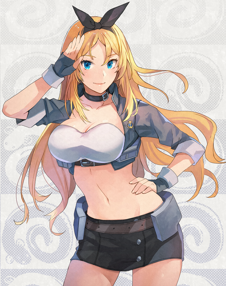 1girl black_gloves black_skirt blonde_hair blue_eyes breasts choker cleavage collarbone cropped_jacket fingerless_gloves gloves hand_on_hip jacket kantai_collection kasumi_(skchkko) large_breasts long_hair looking_at_viewer midriff miniskirt navel nelson_(kantai_collection) official_alternate_costume race_queen skirt smile solo