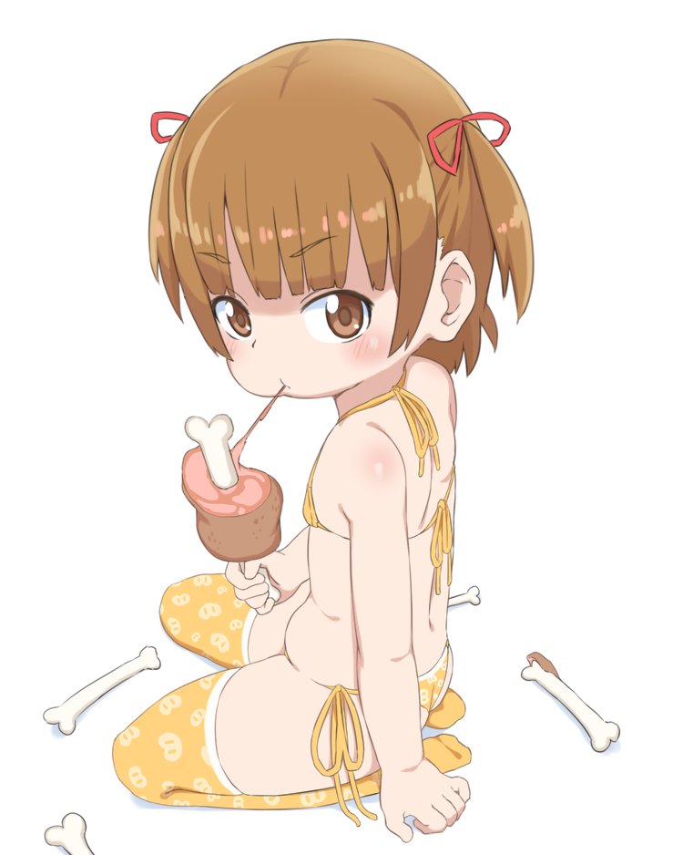 1girl bangs bikini blunt_bangs blush bone brown_hair bubukka eating eyebrows_visible_through_hair flat_chest food hair_ribbon holding holding_food marui_mitsuba meat mitsudomoe red_ribbon ribbon short_hair side-tie_bikini simple_background sitting solo swimsuit thighhighs wariza white_background yellow_bikini yellow_legwear