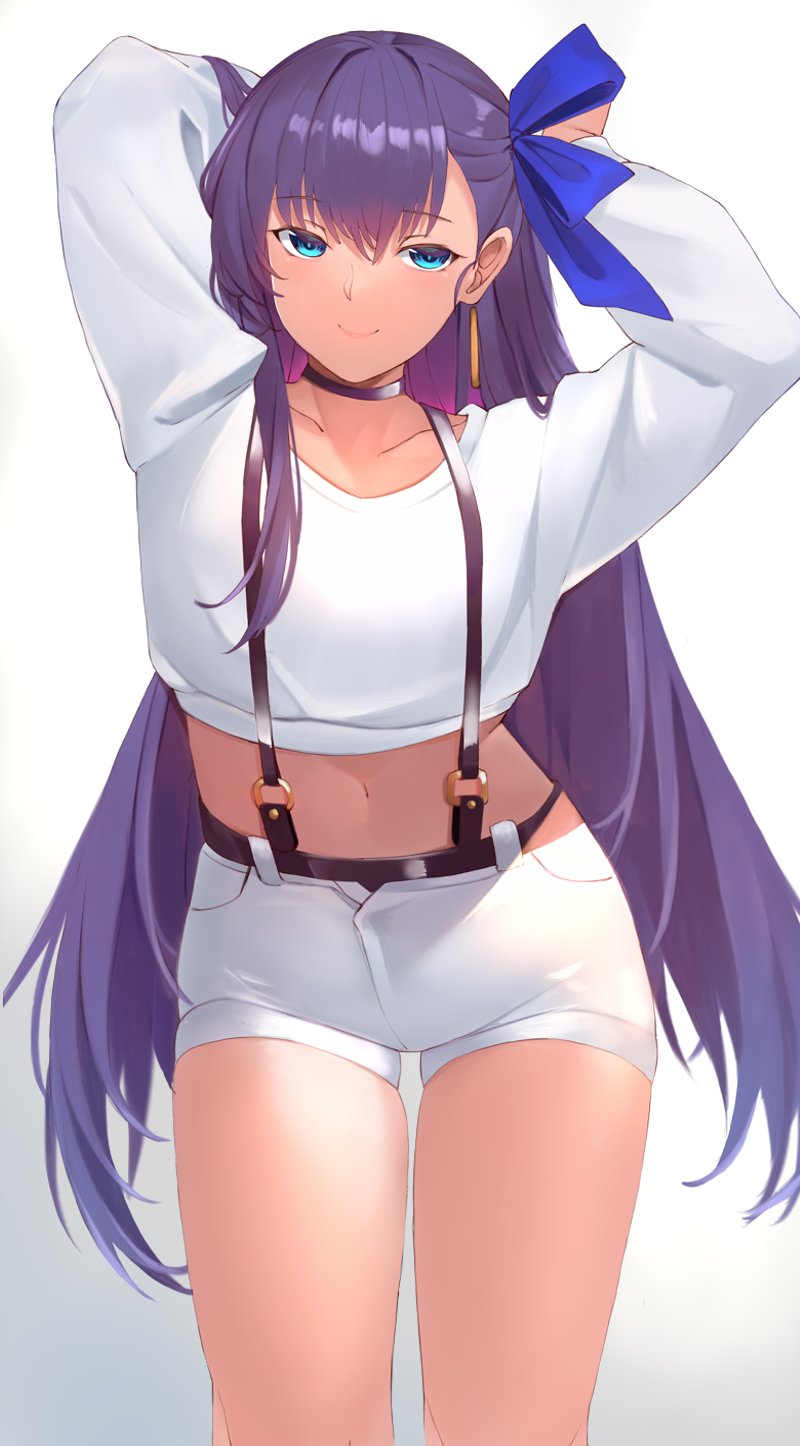 1girl arms_behind_head arms_up bangs blue_eyes blue_ribbon blush breasts choker contemporary crop_top earrings fate/extra fate/extra_ccc fate_(series) hair_ribbon highres jewelry long_hair long_sleeves looking_at_viewer meltryllis midriff navel purple_hair ribbon saisarisu shirt shorts small_breasts smile suspenders thighs very_long_hair white_shirt white_shorts