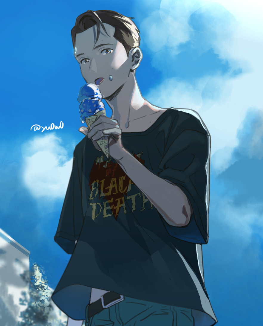1boy artist_name black_hair black_shirt casual cloud connor_(detroit) day detroit:_become_human eating food food_on_face holding holding_food ice_cream_cone licking looking_at_viewer male_focus outdoors pants shirt short_sleeves solo t-shirt tongue tongue_out tree yukowa_(kari)