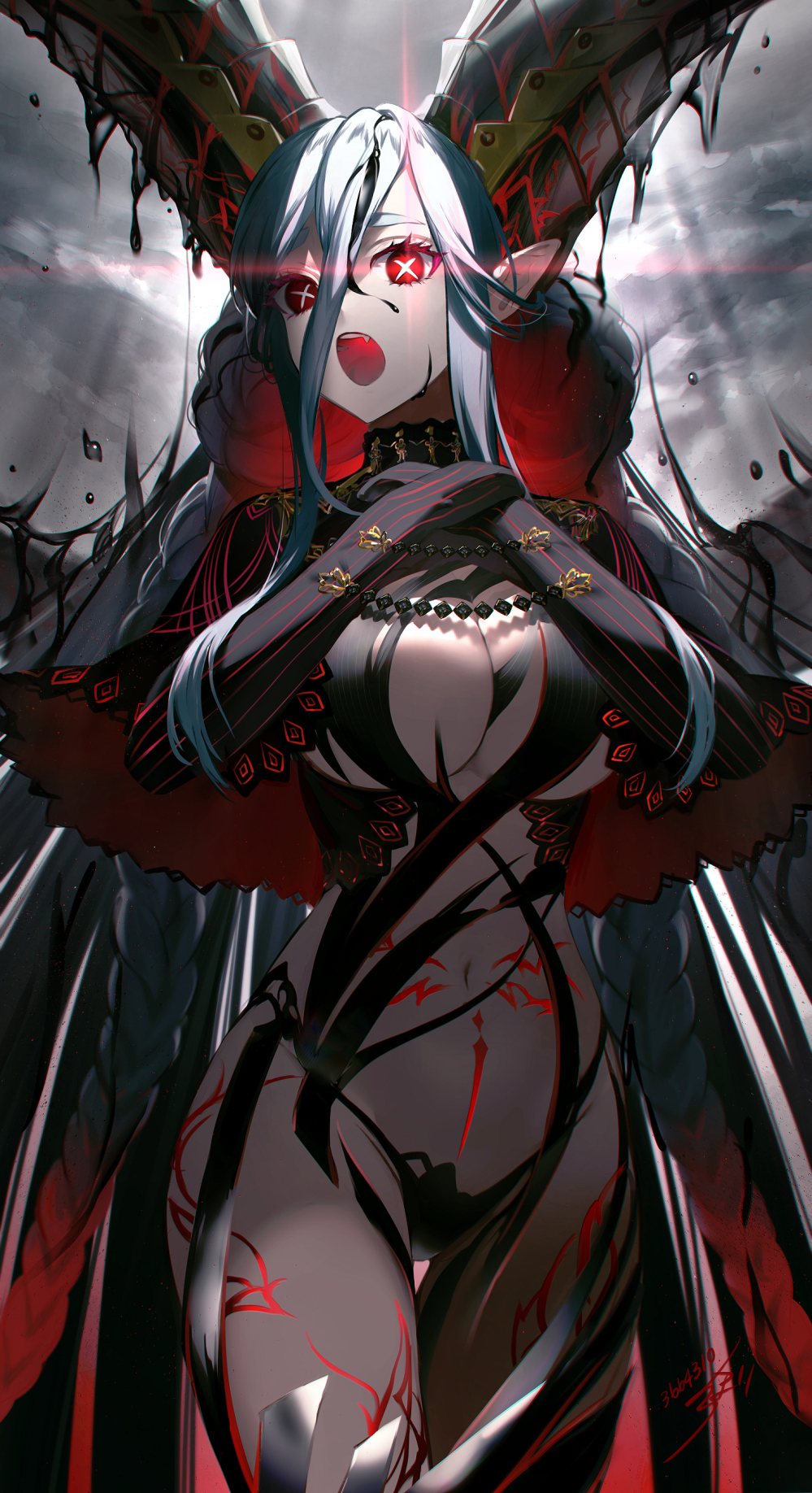 +_+ 1girl arms_around_neck braid breasts curled_horns demon_girl fate/grand_order fate_(series) gloves glowing glowing_eye highres hoojiro horns large_breasts light_blue_hair long_hair long_horns open_mouth pointy_ears pubic_tattoo red_eyes stomach_tattoo striped striped_gloves symbol-shaped_pupils tattoo tiamat_(fate/grand_order) twin_braids vertical-striped_gloves