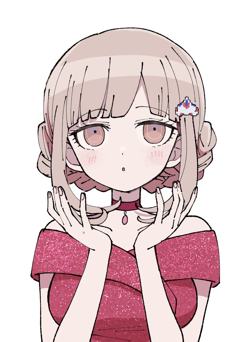 1girl :o alternate_costume bangs bare_shoulders blunt_bangs blush braid breasts brown_eyes choker commentary_request danganronpa dress hair_ornament hairclip hand_up hands_up light_brown_hair looking_at_viewer medium_breasts medium_hair nanami_chiaki off-shoulder_dress off_shoulder omochi_ksw pink_choker pink_dress portrait short_sleeves simple_background solo strapless strapless_dress super_danganronpa_2 white_background