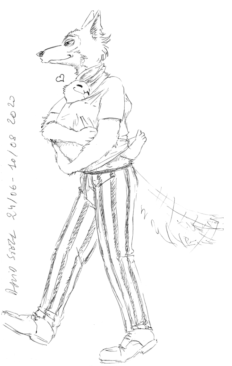 &lt;3 2020 anthro asthexiancal barefoot beastars black_and_white bottomwear canid canine canis carrying clothed clothing countershade_face countershade_torso countershading domestic_rabbit duo dwarf_rabbit english_text eyes_closed female footwear fur haru_(beastars) head_on_chest hug interspecies lagomorph larger_male legoshi_(beastars) leporid male male/female mammal monochrome oryctolagus pants predator/prey rabbit sharing_clothing shirt shoes size_difference smaller_female smile tailwag text topwear traditional_media_(artwork) walking wolf