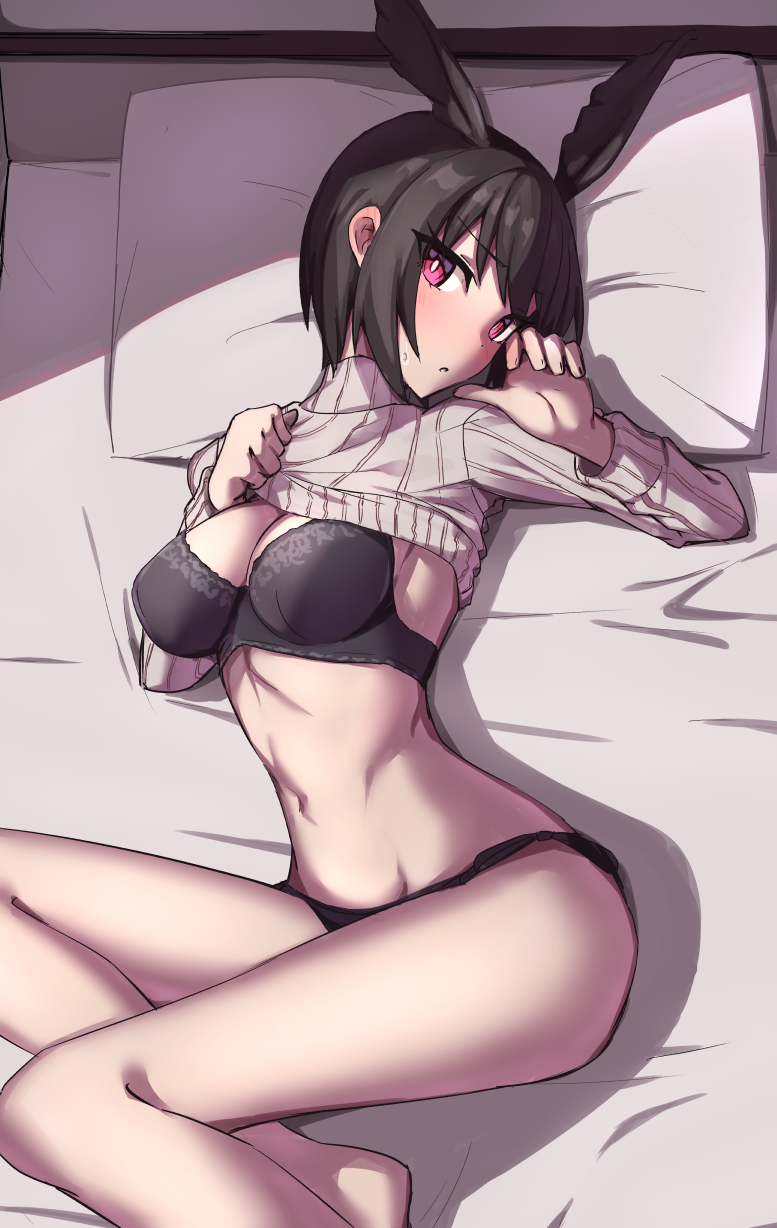 1girl bangs black_bra black_hair black_panties blush bra breasts cleavage clothes_lift elfenlied22 fate_(series) head_wings highres large_breasts long_sleeves looking_at_viewer navel open_mouth ortlinde_(fate/grand_order) panties pillow red_eyes ribbed_sweater short_hair sweater sweater_lift thighs turtleneck turtleneck_sweater underwear valkyrie_(fate/grand_order) white_sweater