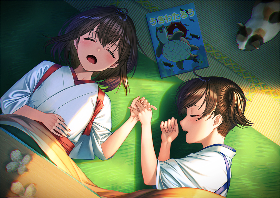 2girls akagi_(kantai_collection) animal blush bokukawauso book brown_hair calico cat closed_eyes commentary_request enemy_lifebuoy_(kantai_collection) food fruit holding_hands indoors interlocked_fingers japanese_clothes kaga_(kantai_collection) kantai_collection kotatsu lying mandarin_orange multiple_girls on_back on_side one_side_up open_mouth short_hair side_ponytail sleeping table tatami turtle under_kotatsu under_table unowen younger