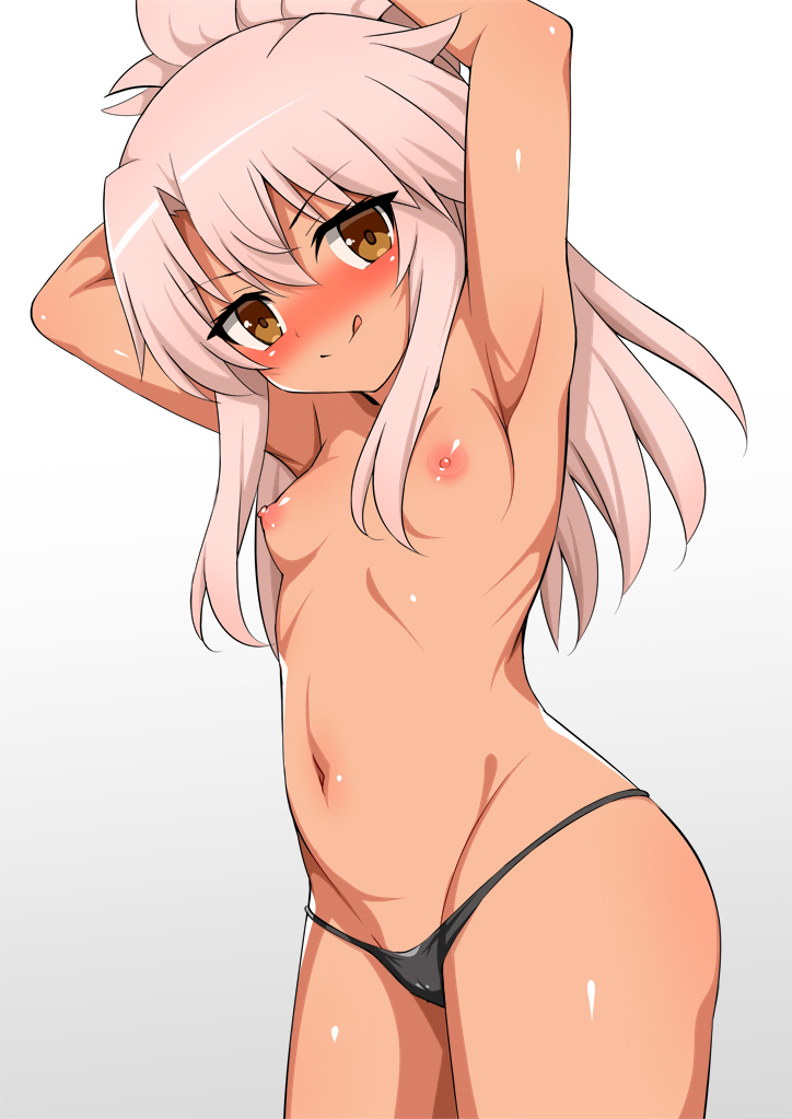 1girl armpits arms_behind_head arms_up bangs bikini black_bikini blush breasts brown_eyes chloe_von_einzbern collarbone dark_skin dark_skinned_female fate/kaleid_liner_prisma_illya fate_(series) half_updo licking_lips long_hair looking_at_viewer micro_bikini navel nipples pink_hair small_breasts smile swimsuit tongue tongue_out topless toshishikisai