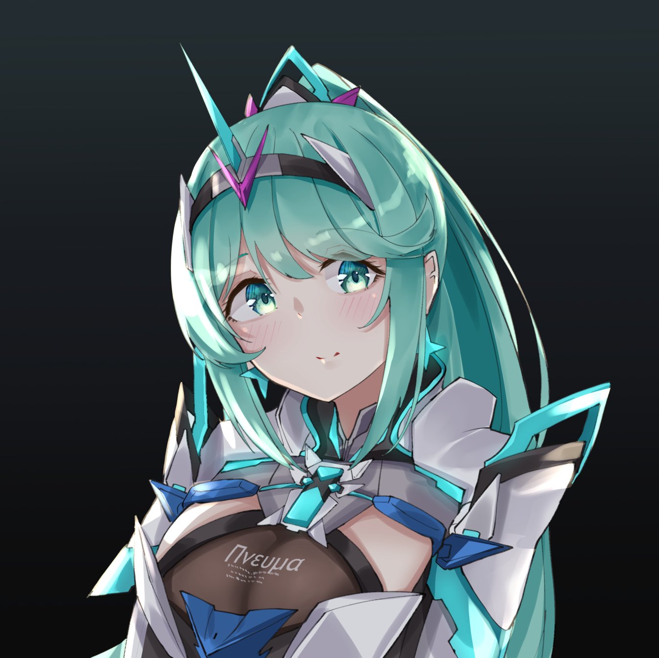 1girl bangs black_background breasts chest_jewel earrings eyebrows_visible_through_hair gradient gradient_background green_background green_eyes green_hair highres jewelry large_breasts long_hair long_ponytail pneuma_(xenoblade) ponytail sarasadou_dan smile solo swept_bangs tiara upper_body xenoblade_chronicles_(series) xenoblade_chronicles_2