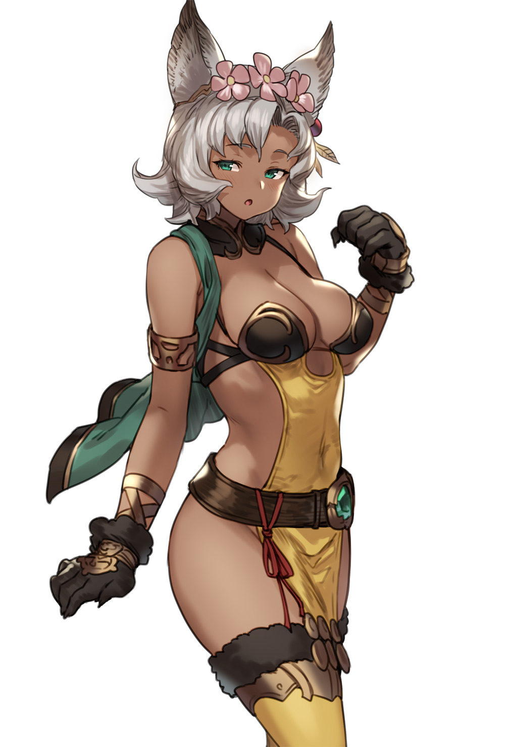 1girl animal_ears armlet black_gloves breasts cleavage covered_navel erune flower gloves granblue_fantasy green_eyes hair_flower hair_ornament hand_up highres houtengeki medium_breasts melleau open_mouth short_hair silver_hair simple_background solo thighhighs thighs white_background yellow_legwear