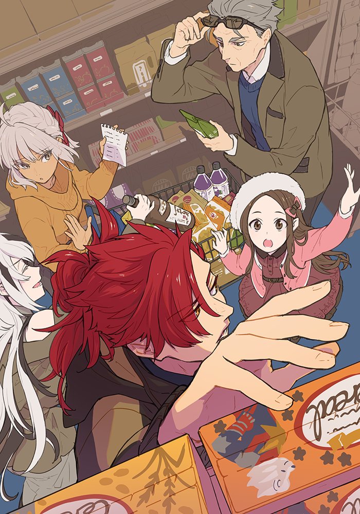 2boys 3girls ahoge alcohol alternate_costume black_hair blue_shirt bottle brown_eyes brown_hair brown_jacket buttons cart casual chacha_(fate/grand_order) closed_eyes closed_mouth dark_skin dark_skinned_female dress eyebrows_visible_through_hair eyewear_on_head fate/grand_order fate_(series) glasses grey_hair hair_between_eyes hair_ornament hair_over_one_eye hat holding holding_paper indoors isshoku_(shiki) jacket koha-ace li_shuwen_(fate) li_shuwen_(fate/grand_order) long_hair long_sleeves looking_at_another looking_at_viewer market mori_nagayoshi_(fate) multicolored_hair multiple_boys multiple_girls nagao_kagetora_(fate) okita_souji_(alter)_(fate) okita_souji_(fate)_(all) open_clothes open_jacket open_mouth paper pink_dress ponytail red_hair ribbed_sweater sake sake_bottle shelf shirt shopping_cart short_hair sunglasses supermarket sweater thomas_edison_(fate/grand_order) two-tone_hair white_hair yellow_eyes yellow_sweater