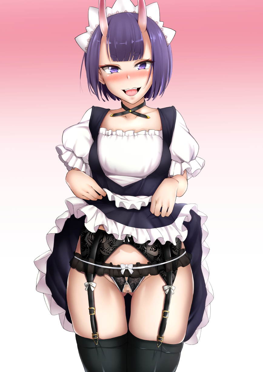 1girl alternate_costume apron bangs blunt_bangs blush bob_cut bow breasts censored choker collarbone commentary_request cowboy_shot crotchless crotchless_panties dress enmaided eyelashes eyeliner fate/grand_order fate_(series) frilled_dress frills garter_straps gradient gradient_background highres horns lc_7v2 lifted_by_self lingerie looking_at_viewer maid maid_apron maid_headdress makeup medium_hair oni oni_horns open_mouth panties pink_background puffy_short_sleeves puffy_sleeves purple_eyes purple_hair shiny shiny_hair short_sleeves shuten_douji_(fate/grand_order) skin-covered_horns skindentation skirt skirt_lift small_breasts solo thighhighs underwear white_background